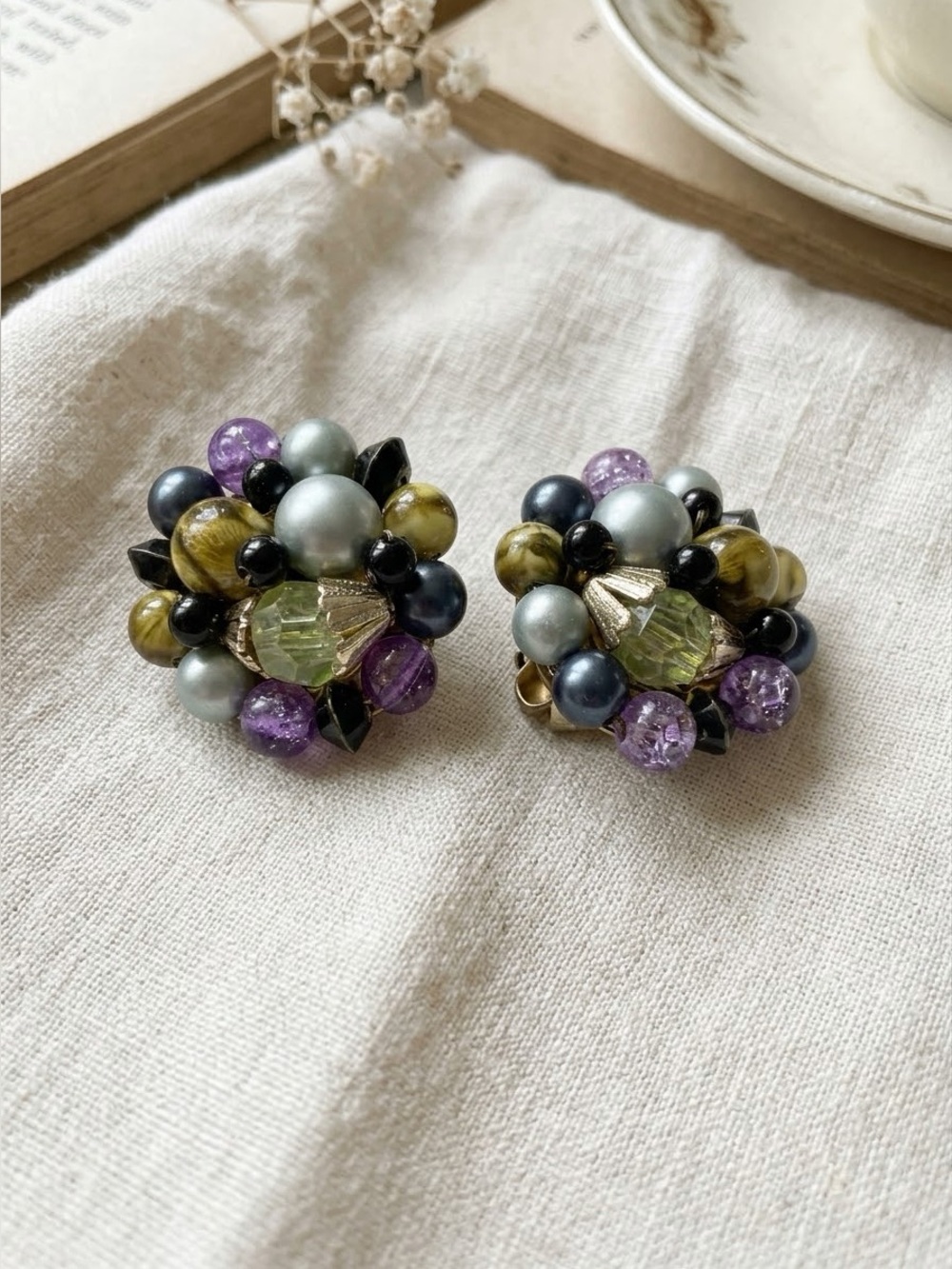 Vintage Hong Kong Cluster Clip‑On Earrings – Multicolor Bead Mix – 1960s/70s